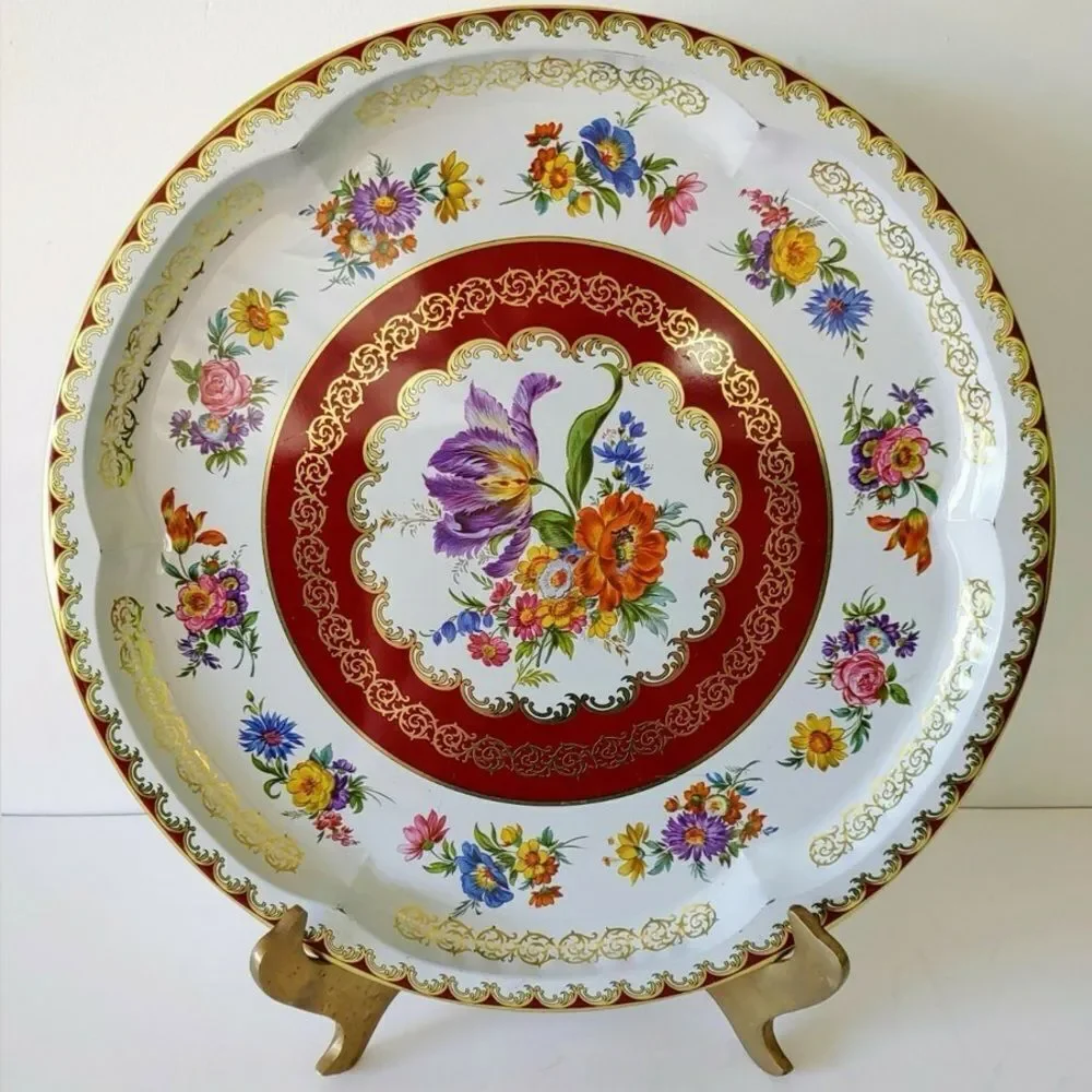 Vintage Daher Decorated Ware Floral and gold aluminum round serving tray